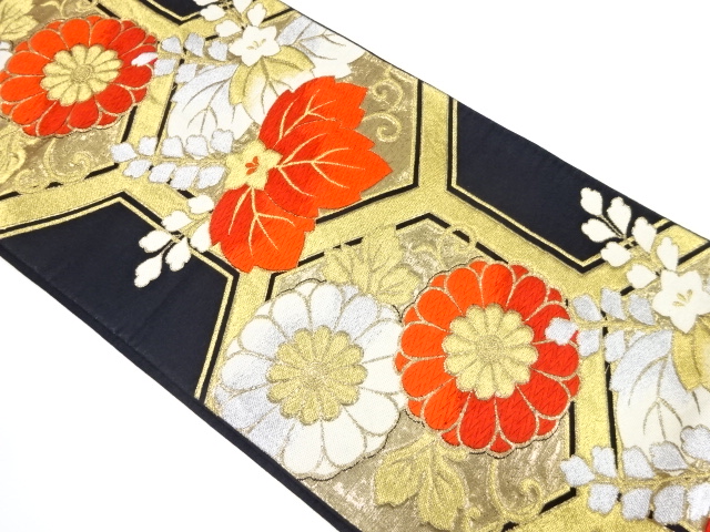 アンティーク　亀甲繋ぎに桐・花模様織り出し袋帯（着用可）